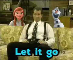 Man on couch with Anna and Olaf saying Let it go