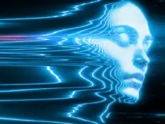 Blue digital glitch face