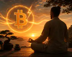 man meditating with bitcoin symbol