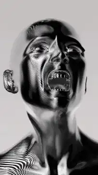 Black and white distorted screaming head