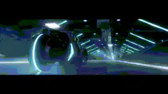 Tron light cycle in neon tunnel