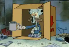 Squidward in a box with a mug