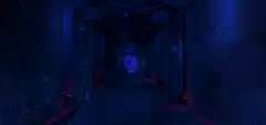 neon lit alleyway with graffiti