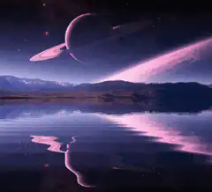 Pink planet reflection on calm water
