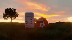 Bitcoin miner hugging a coin at sunset
