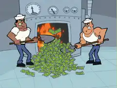 Sailors shoveling money into furnace