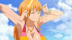 Orange-haired anime girl in bikini stretching