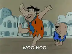 Fred Flintstone cheering with Barney