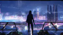 Woman overlooking futuristic city
