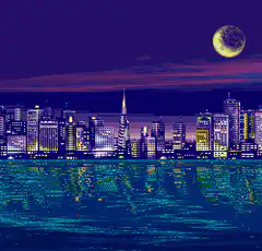 pixel art city skyline at night