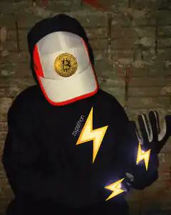 Person with Bitcoin hat and lightning bolts