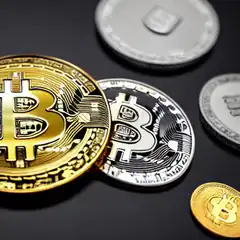 Physical Bitcoin coins on black background