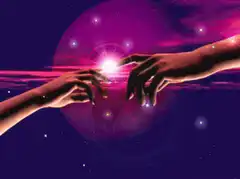 Hands touching with glowing light