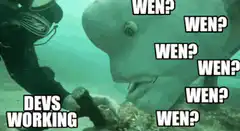 Diver hammering rock while fish asks wen