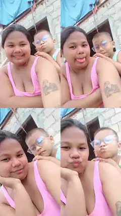Woman and boy making funny faces
