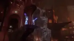 Two characters clash swords with blue energy