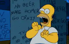 Homer Simpson screaming in front of signs