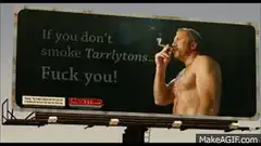 Tarryltons billboard man blows smoke