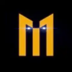 M logo with glowing eyes and lightning