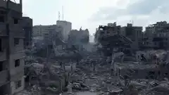 People walking through destroyed city