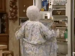 Grandma opens the fridge with a sheet