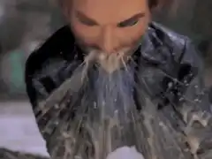 Wallace eats spaghetti messily
