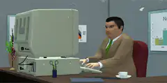 Money falling on businessman at computer