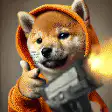 Shiba Inu in hoodie firing gun