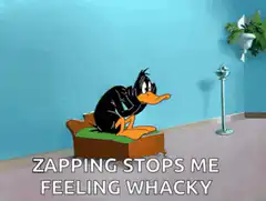 Daffy Duck sitting on a couch with text