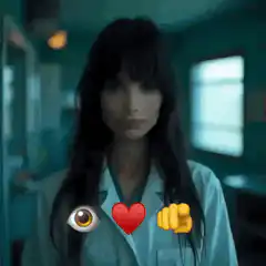 Woman in scrubs makes heart hands