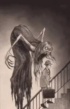 Man walking past a giant monster on stairs