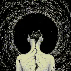 Cracked figure facing a swirling vortex