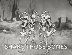 Skeletons shake their bones in a graveyard