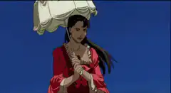 Woman in red dress holding parasol