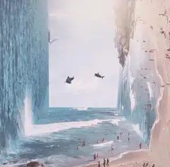 Sharks flying over a surreal beach