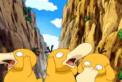 Psyduck screaming in a canyon