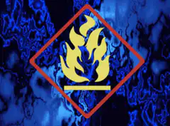 Flame symbol in red diamond on blue background