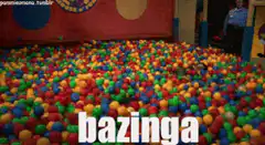 Sheldon Cooper in ball pit saying bazinga