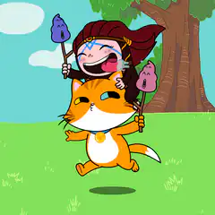 Chibi girl riding cat with poop wands