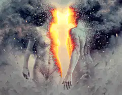 Two figures split by fire