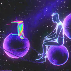 Glowing man and TV in space