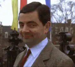 Mr. Bean smug smile and walk away