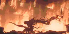 Dark figure in a fiery cave