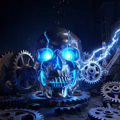 Glowing blue skull with gears and lightning