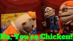 Puppets laugh at chicken game