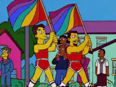 Simpsons marching with rainbow flags