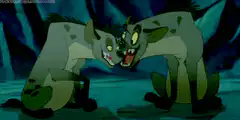 Two hyenas laughing then looking confused