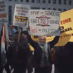 Palestine protest march with signs and megaphone