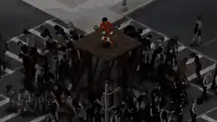 orange man dancing on platform