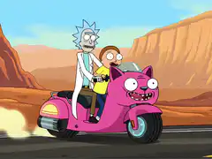 Rick and Morty on a cat scooter